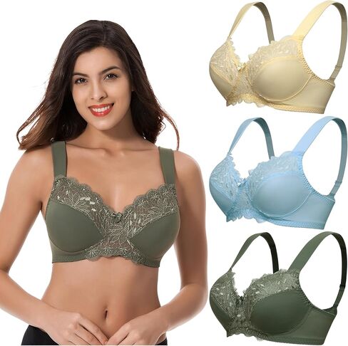 Curve Muse Plus Size Unlined Minimizer Wirefree Bras with Embroidery Lace-3Pack in Saudi Arabia