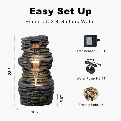 28.8" Tall Rock Water Fountain Outdoor Garden, 3-Tiers Cascading Rock Natural Waterfall Fountains with LED Lights, Indoor Resin Water Feature Fountain for Patio, Garden and Backyard, Deck, Porch, Home in Saudi Arabia