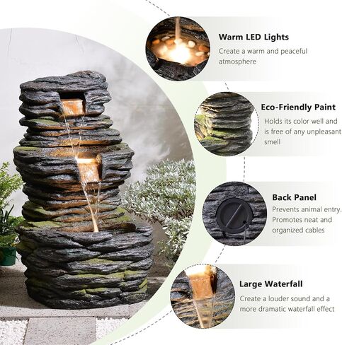 28.8" Tall Rock Water Fountain Outdoor Garden, 3-Tiers Cascading Rock Natural Waterfall Fountains with LED Lights, Indoor Resin Water Feature Fountain for Patio, Garden and Backyard, Deck, Porch, Home in Saudi Arabia