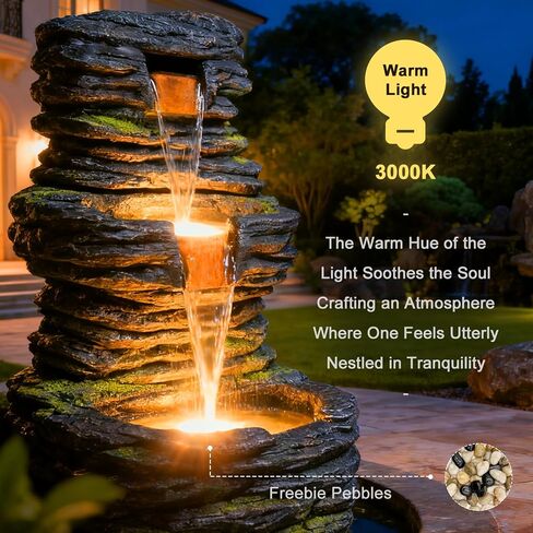 28.8" Tall Rock Water Fountain Outdoor Garden, 3-Tiers Cascading Rock Natural Waterfall Fountains with LED Lights, Indoor Resin Water Feature Fountain for Patio, Garden and Backyard, Deck, Porch, Home in Saudi Arabia