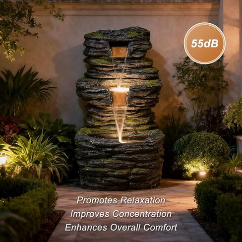 28.8" Tall Rock Water Fountain Outdoor Garden, 3-Tiers Cascading Rock Natural Waterfall Fountains with LED Lights, Indoor Resin Water Feature Fountain for Patio, Garden and Backyard, Deck, Porch, Home in Saudi Arabia