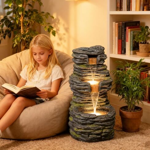 28.8" Tall Rock Water Fountain Outdoor Garden, 3-Tiers Cascading Rock Natural Waterfall Fountains with LED Lights, Indoor Resin Water Feature Fountain for Patio, Garden and Backyard, Deck, Porch, Home in Saudi Arabia