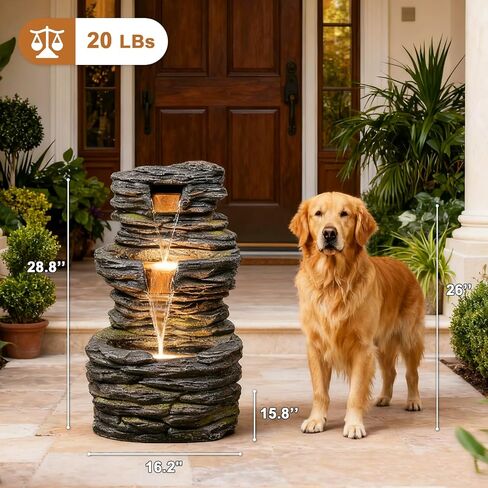 28.8" Tall Rock Water Fountain Outdoor Garden, 3-Tiers Cascading Rock Natural Waterfall Fountains with LED Lights, Indoor Resin Water Feature Fountain for Patio, Garden and Backyard, Deck, Porch, Home in Saudi Arabia