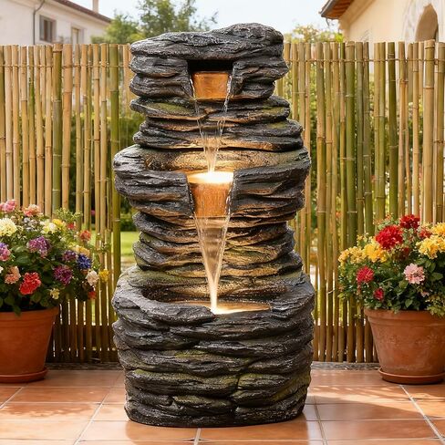 28.8" Tall Rock Water Fountain Outdoor Garden, 3-Tiers Cascading Rock Natural Waterfall Fountains with LED Lights, Indoor Resin Water Feature Fountain for Patio, Garden and Backyard, Deck, Porch, Home in Saudi Arabia