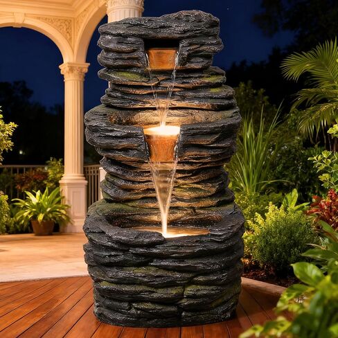 28.8" Tall Rock Water Fountain Outdoor Garden, 3-Tiers Cascading Rock Natural Waterfall Fountains with LED Lights, Indoor Resin Water Feature Fountain for Patio, Garden and Backyard, Deck, Porch, Home in Saudi Arabia