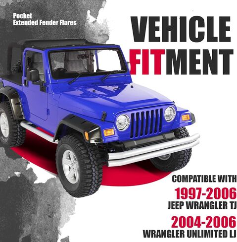Kojem 7 "Fender Flares متوافق مع 1997-2006 Jeep Wrangler TJ 2004-2006 Wrangler LJ ، واقي عجلة الطراز الممتدة على الجيب السلس محكم 6pcs in Saudi Arabia