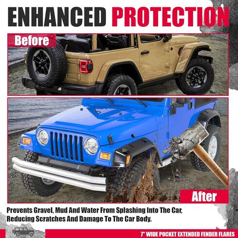 Kojem 7 "Fender Flares متوافق مع 1997-2006 Jeep Wrangler TJ 2004-2006 Wrangler LJ ، واقي عجلة الطراز الممتدة على الجيب السلس محكم 6pcs in Saudi Arabia