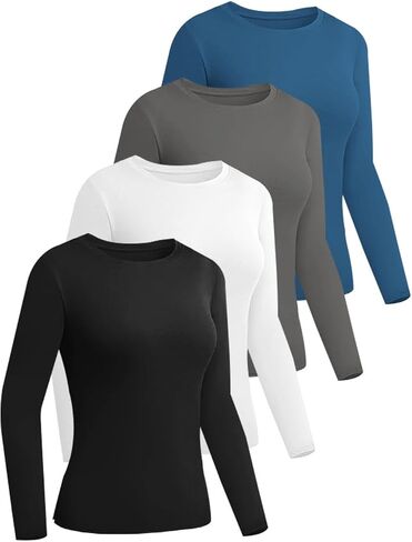 Ekouaer 4 Pack Women's Long Sleeve Basic Shirts Fitted Workout Tops Athletic Underscrubs Undershirts XS-XXL in Saudi Arabia