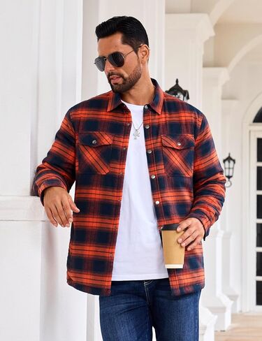 EKLENTSON Men's Flannel Shirt Jacket Quilted Lined Plaid Coats Warm Winter Jacket Thick Button Down Coat with 5 Pockets in Kuwait