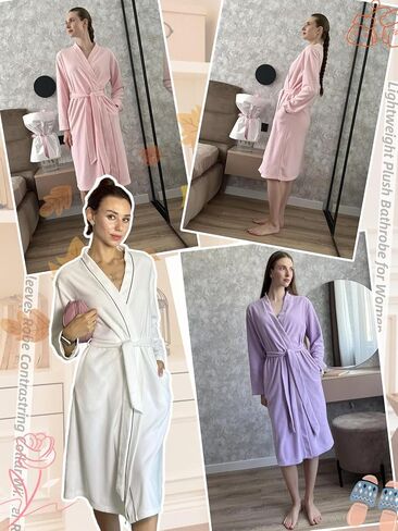 أردية Ekouaer للنساء الأكمام الطويلة Bathrobe v الرقبة المريحة رداء Fleece خفيفة الوزن مع جيوب S-XXL in Saudi Arabia