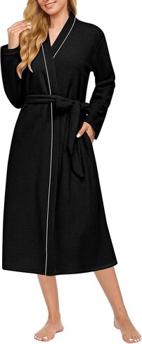 أردية Ekouaer للنساء الأكمام الطويلة Bathrobe v الرقبة المريحة رداء Fleece خفيفة الوزن مع جيوب S-XXL in Saudi Arabia