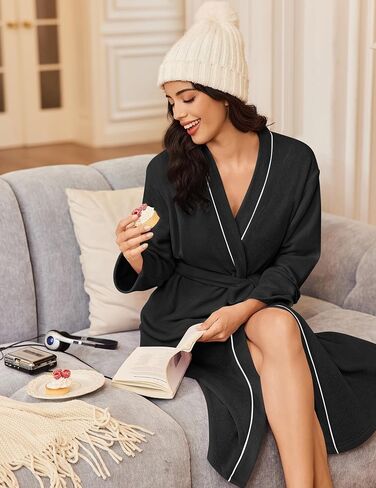 أردية Ekouaer للنساء الأكمام الطويلة Bathrobe v الرقبة المريحة رداء Fleece خفيفة الوزن مع جيوب S-XXL in Saudi Arabia