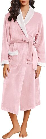 Ekouaer Robes for Women Soft Long Bathrobe Lightweight Fleece Shawl Collar Spa Robe Cozy Sleepwear with Pockets S-XXL in Kuwait