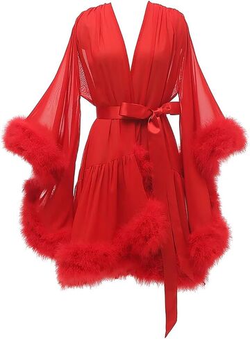 Changuan Feather Robe Chiffon Wedding Bridal Robes Short Lingerie Dressing Gown Sheer Nightgown Sleepwear Bathrobe in Kuwait