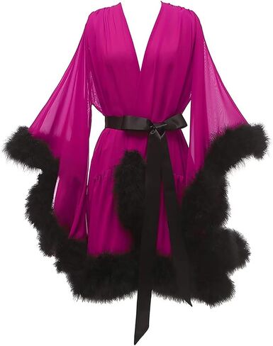 Changuan Feather Robe Chiffon Wedding Bridal Robes Short Lingerie Dressing Gown Sheer Nightgown Sleepwear Bathrobe in Kuwait
