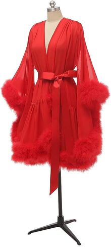 Changuan Feather Robe Chiffon Wedding Bridal Robes Short Lingerie Dressing Gown Sheer Nightgown Sleepwear Bathrobe in Kuwait