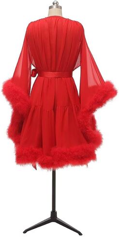 Changuan Feather Robe Chiffon Wedding Bridal Robes Short Lingerie Dressing Gown Sheer Nightgown Sleepwear Bathrobe in Kuwait