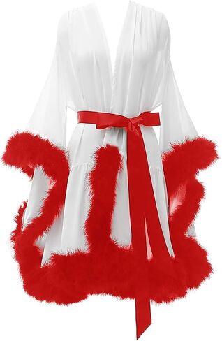 Changuan Feather Robe Chiffon Wedding Bridal Robes Short Lingerie Dressing Gown Sheer Nightgown Sleepwear Bathrobe in Kuwait
