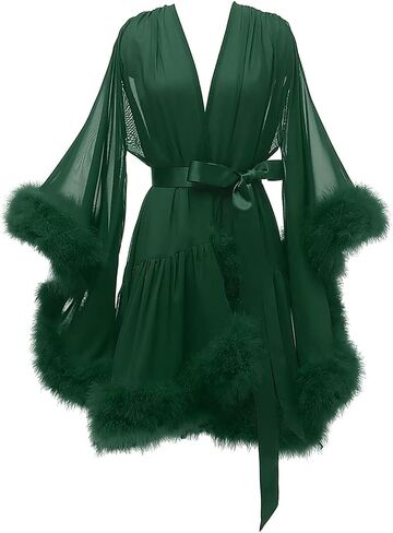 Changuan Feather Robe Chiffon Wedding Bridal Robes Short Lingerie Dressing Gown Sheer Nightgown Sleepwear Bathrobe in Kuwait