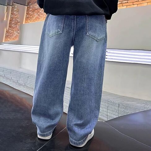 Anjikang 2025 الأولاد الجينز الفضفاضة غير الرسمية الساق المستقيمة الساق المستقيمة ساق العرق المرنة الخصر فضفاضة الساق الواسعة جان مع جيب in Kuwait
