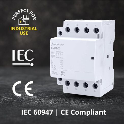 Shopcorp 40 Amp 4 Pole Normally Closed IEC 400V Contactor (Silent Operation) – 110/120VAC Coil, Inductive 20A and Resistive 40A | Includes 35 x 152.40 mm Steel Zinc DIN Rail and 2#10 Phillips Screws in Kuwait