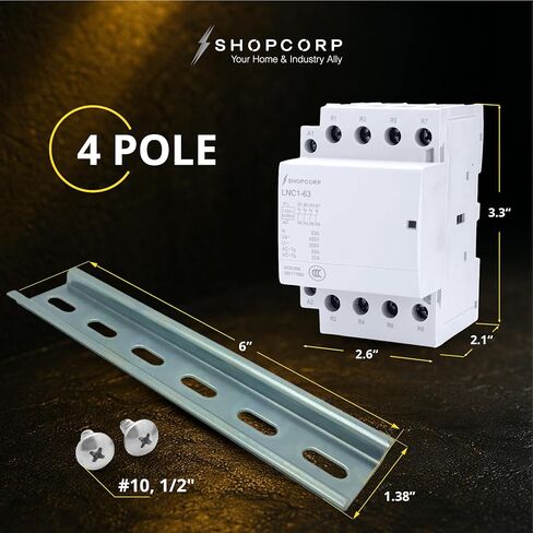 Shopcorp 40 Amp 4 Pole Normally Closed IEC 400V Contactor (Silent Operation) – 110/120VAC Coil, Inductive 20A and Resistive 40A | Includes 35 x 152.40 mm Steel Zinc DIN Rail and 2#10 Phillips Screws in Kuwait