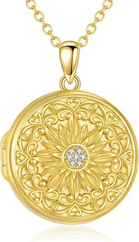 Diamond Sunflower Locket Necklace That Holds 2 Pictures 925 Sterling Silver 18K Gold Plated Locket Sunflower Locket Pendant Photo Jewelry Gifts for Women Mom Wife Christmas Birthday,18+2 inch in Kuwait