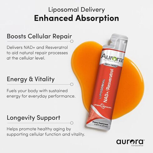 Aurora Nutrascience, Mega-Liposomal NAD+/ريسفيراترول، خالي من الغلوتين، غير معدل وراثيًا، خالي من السكر، نكهة الفاكهة العضوية، 16 أونصة سائلة (480 مل) in Saudi Arabia