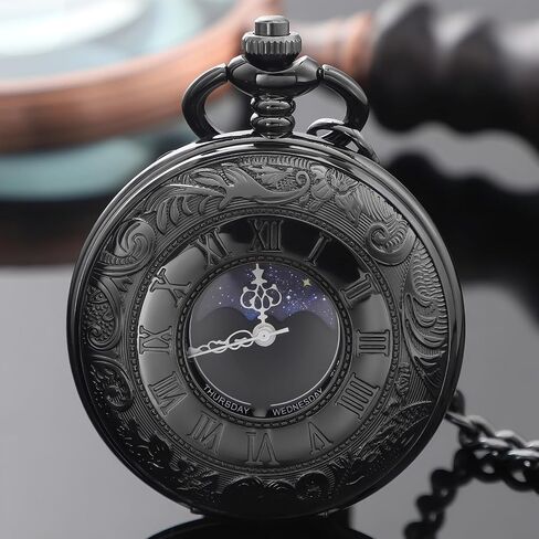 Vintage Pocket Watch with Roman Numberals Scale Moon Phase Calendar Quartz Pocket Watches with Chain Best Gift in Saudi Arabia