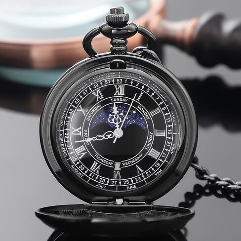 Vintage Pocket Watch with Roman Numberals Scale Moon Phase Calendar Quartz Pocket Watches with Chain Best Gift in Saudi Arabia