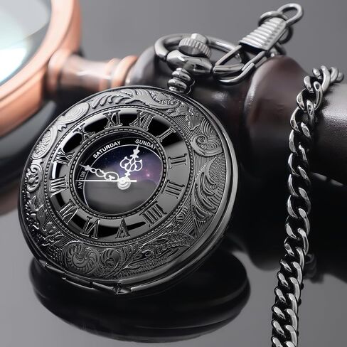 Vintage Pocket Watch with Roman Numberals Scale Moon Phase Calendar Quartz Pocket Watches with Chain Best Gift in Saudi Arabia