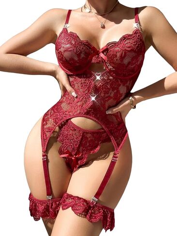 Women Sexy Underwired Lingerie Set Push Up Lace Bodysuit Garter with Panty in Saudi Arabia