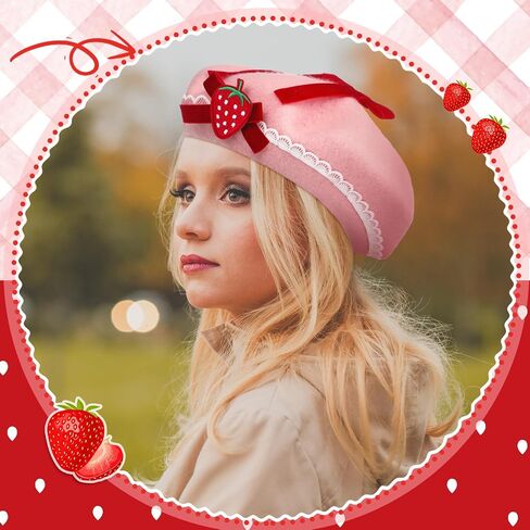 Coume Strawberry Bow Hat Woolen Beret Hat للنساء هالوين الفراولة قبعة وردي in Saudi Arabia
