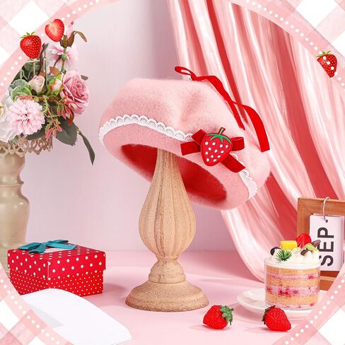Coume Strawberry Bow Hat Woolen Beret Hat للنساء هالوين الفراولة قبعة وردي in Saudi Arabia