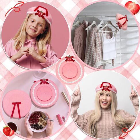 Coume Strawberry Bow Hat Woolen Beret Hat للنساء هالوين الفراولة قبعة وردي in Saudi Arabia