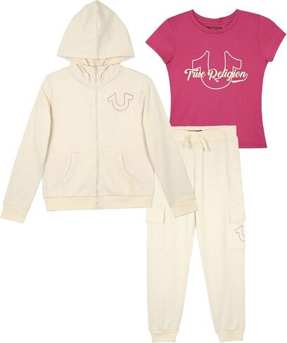 True Religion Girls 3 Piece Fleece Set – Hoodie, Tee Shirt & Jogger/Legging Outfit, Rhinestud & Foil Details (Sizes 4-14) in Saudi Arabia
