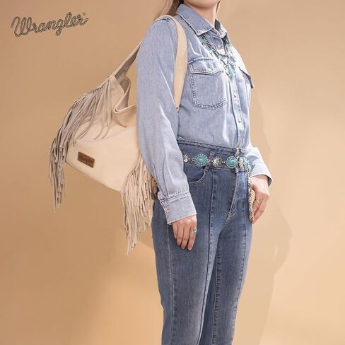حقيبة HOBO من جلد الغزال Wrangler Fringe للنساء الجلود الغربية محفظة حرس شرابة الكتف Hippie Bag in Saudi Arabia