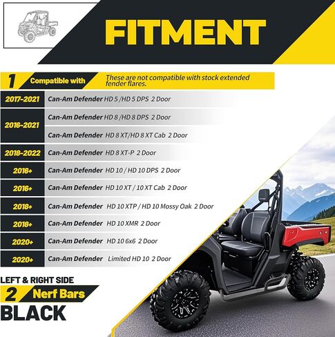 قضبان Nerf Rock Sliders متوافقة مع 2016 Up Can-Am Defender HD 5/HD 8/HD 10 (2 باب) Kickers Highted Duty Steel Black Powder in Kuwait