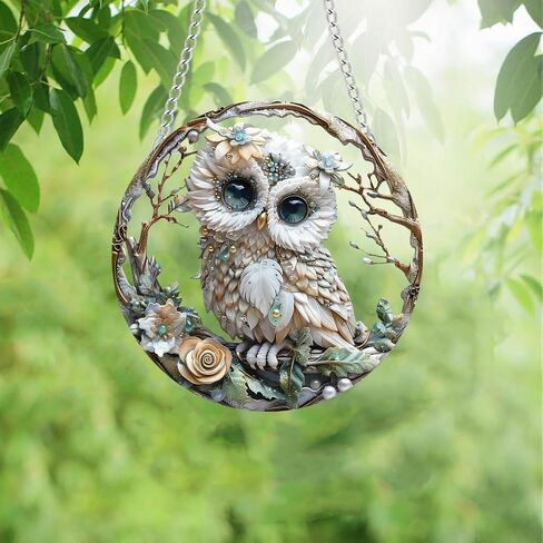 Cute Baby Owl Stained Window Hangings with Chain – Acrylic Owl in The Branch Ornament for Garden, Patio and Indoor Decor, Christmas Housewarming Gift for Mom, Grandma and Nature Lovers in Saudi Arabia