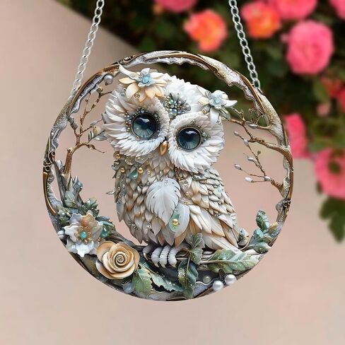 Cute Baby Owl Stained Window Hangings with Chain – Acrylic Owl in The Branch Ornament for Garden, Patio and Indoor Decor, Christmas Housewarming Gift for Mom, Grandma and Nature Lovers in Saudi Arabia
