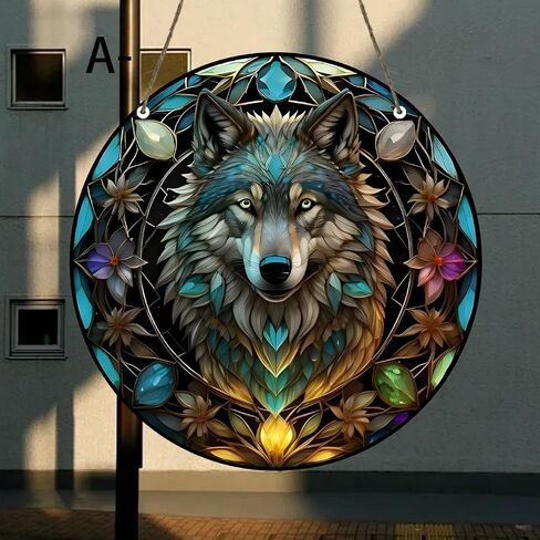 Wolf King Stained Window Hanging, 11.81 in Large Acrylic Suncatcher Window Panel Double-Sided Wild Animal Wall Decor for Cafe Home, Gift for Mom, Grandma, Wife, Teacher, Animal Lover in Saudi Arabia