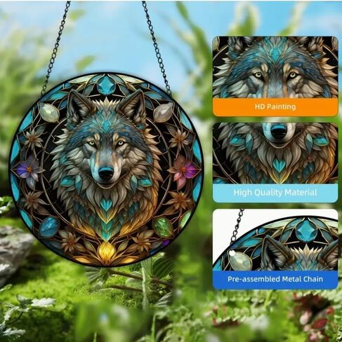 Wolf King Stained Window Hanging, 11.81 in Large Acrylic Suncatcher Window Panel Double-Sided Wild Animal Wall Decor for Cafe Home, Gift for Mom, Grandma, Wife, Teacher, Animal Lover in Saudi Arabia