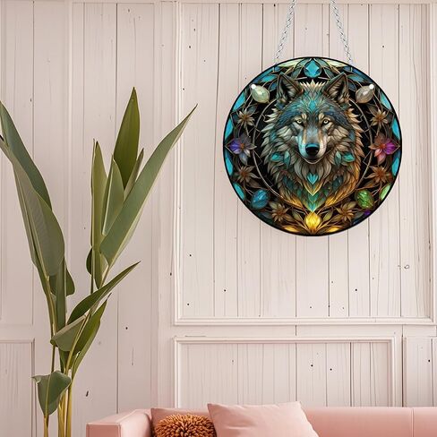 Wolf King Stained Window Hanging, 11.81 in Large Acrylic Suncatcher Window Panel Double-Sided Wild Animal Wall Decor for Cafe Home, Gift for Mom, Grandma, Wife, Teacher, Animal Lover in Saudi Arabia