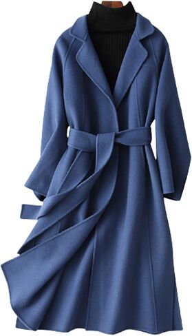 Womens Wool Coats Cashmere Trench Autumn Winter Solid Color Slim Warm Long Overcoat Cardigan Jackets Outwear with Belt,Blue,L in Saudi Arabia