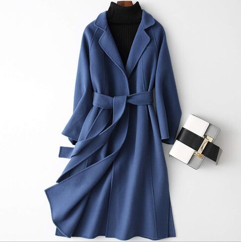 Womens Wool Coats Cashmere Trench Autumn Winter Solid Color Slim Warm Long Overcoat Cardigan Jackets Outwear with Belt,Blue,L in Saudi Arabia