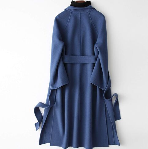Womens Wool Coats Cashmere Trench Autumn Winter Solid Color Slim Warm Long Overcoat Cardigan Jackets Outwear with Belt,Blue,L in Saudi Arabia