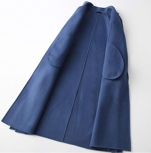Womens Wool Coats Cashmere Trench Autumn Winter Solid Color Slim Warm Long Overcoat Cardigan Jackets Outwear with Belt,Blue,L in Saudi Arabia
