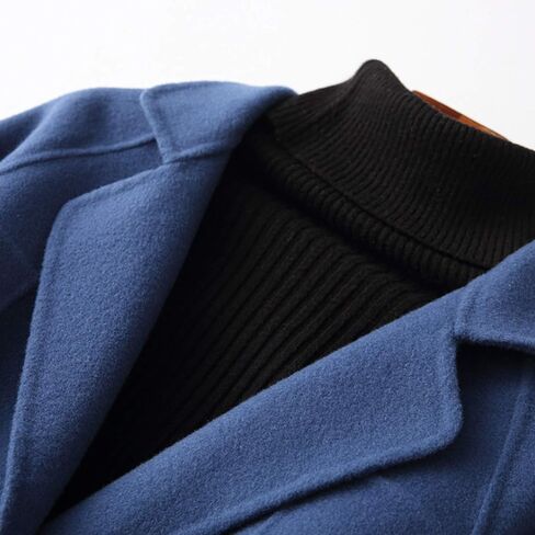 Womens Wool Coats Cashmere Trench Autumn Winter Solid Color Slim Warm Long Overcoat Cardigan Jackets Outwear with Belt,Blue,L in Saudi Arabia