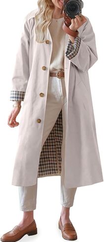 TITOMD Long Trench Coat Single Breasted Check Lining Classic Collar Fall Overcoat Fashion Outerwear in Saudi Arabia