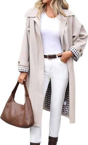 TITOMD Long Trench Coat Single Breasted Check Lining Classic Collar Fall Overcoat Fashion Outerwear in Saudi Arabia